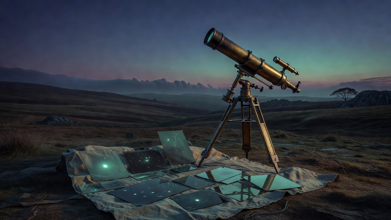 Historische sfeer van een eclips-expeditie met telescoop en glasplaten